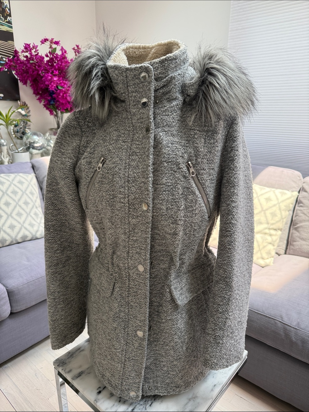 Nautica Gray Faux-Fur Trim Utility Coat